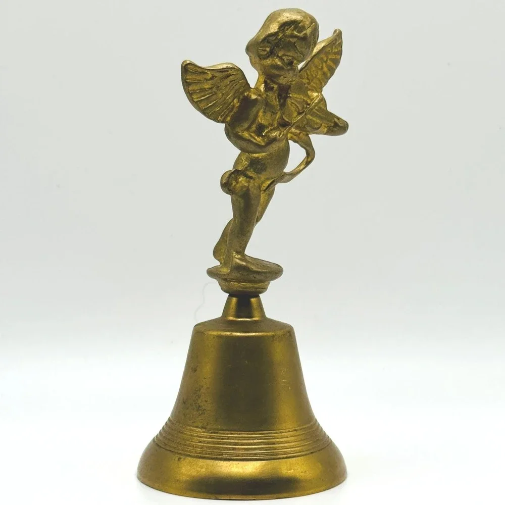 Vintage‎ Brass Cherub Angel Bell Violin Player Hand Bell Cupid Figurine Decor